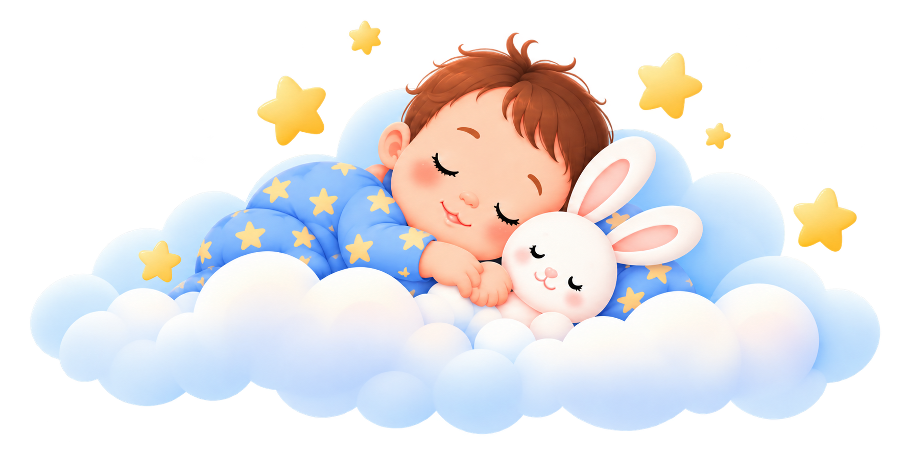 Sleeping baby cuddling a bunny on clouds