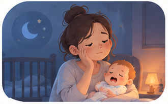 A tired parent comforting a baby at night